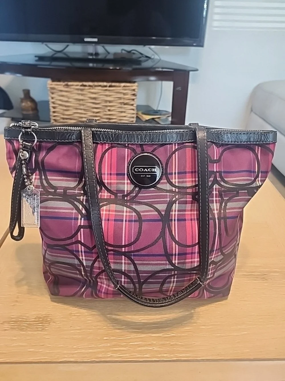 Coach Purple Pink Plaid Tote with Signature Circle Logo